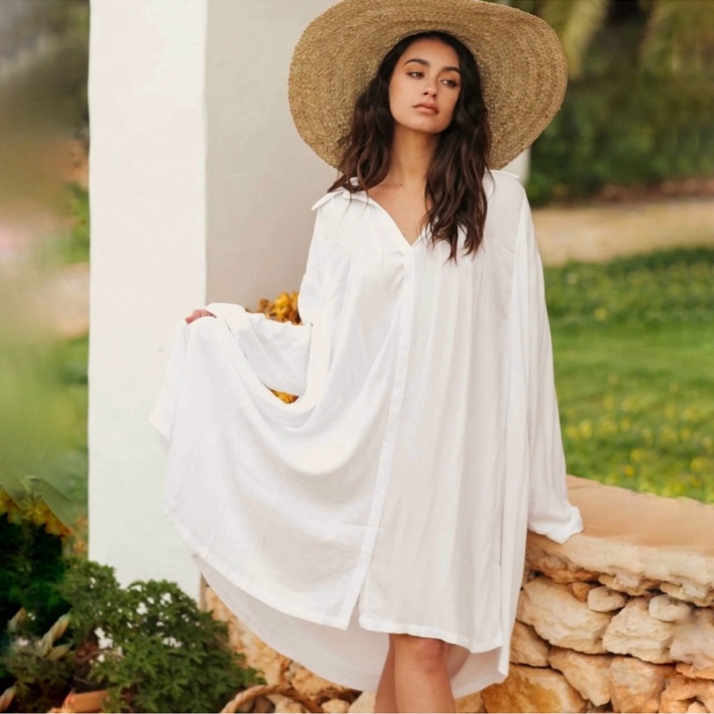 Myrah Penaloza Kundalini gown button up collar long sleeve White Midi Dress OS